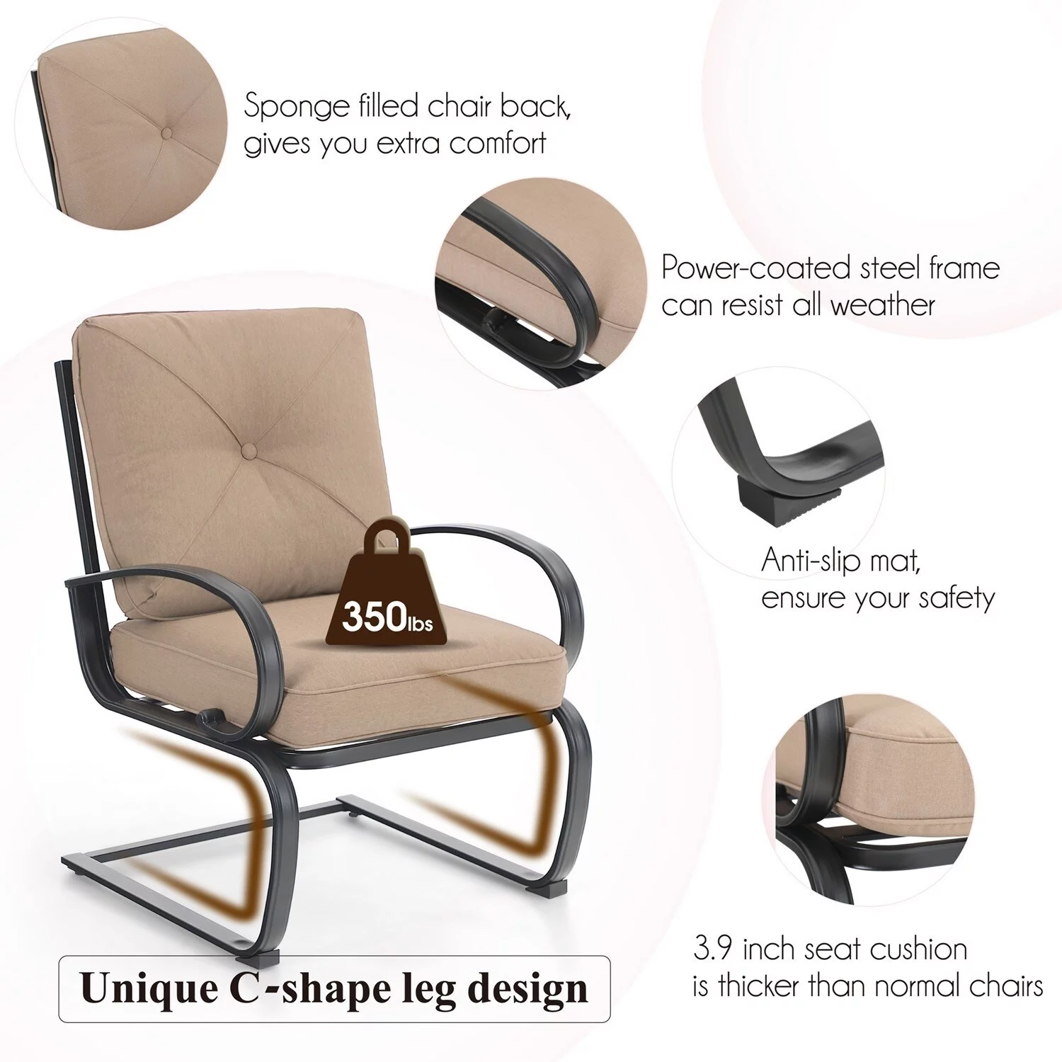 7-Piece Patio Dining Set 6 Piece Cushioned Spring Motion Dining Chair with Armrest & 1 Patio Dining Table Beige 7-Piece Sets