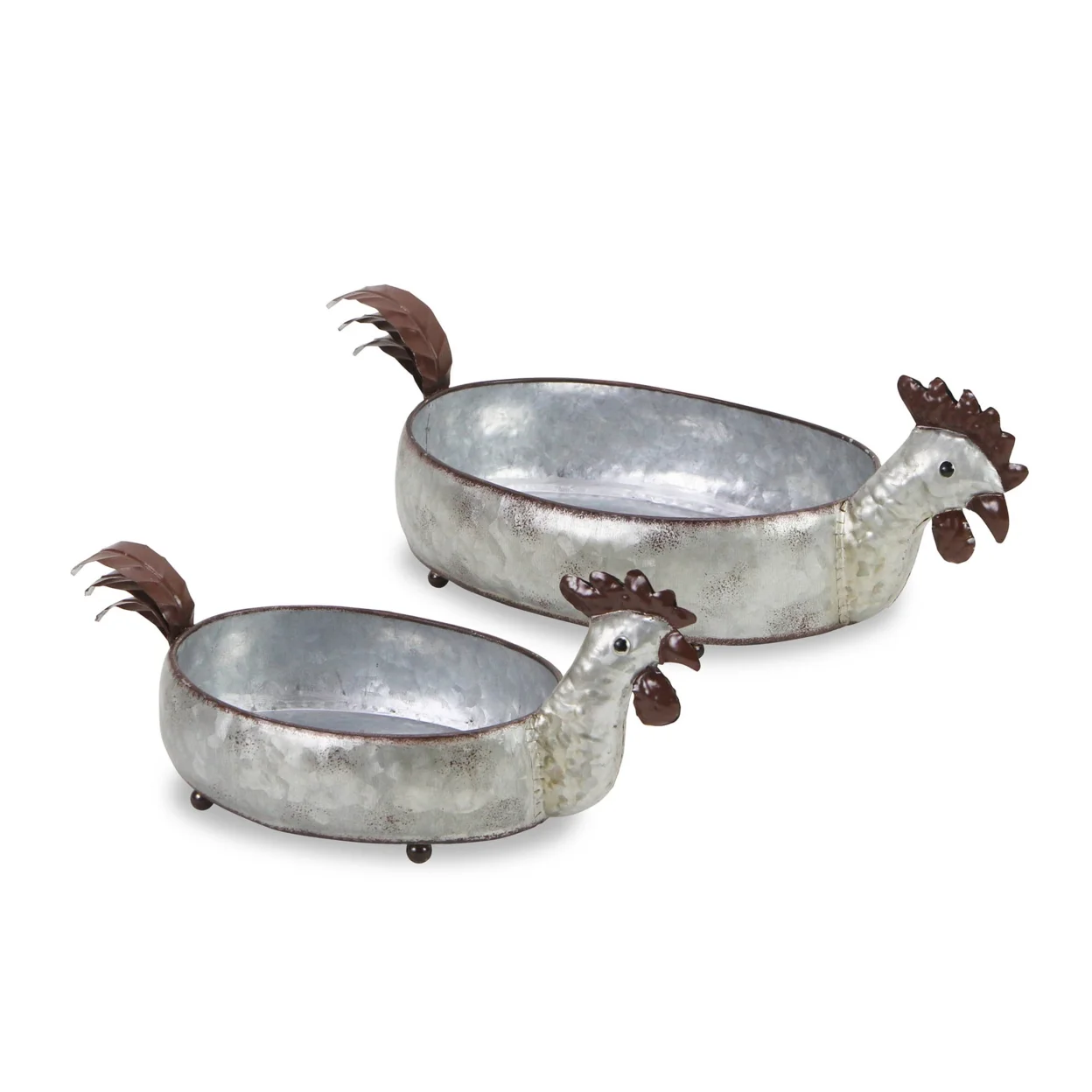 Home Decorative Set of 2 Galvanized Metal Hen Planters