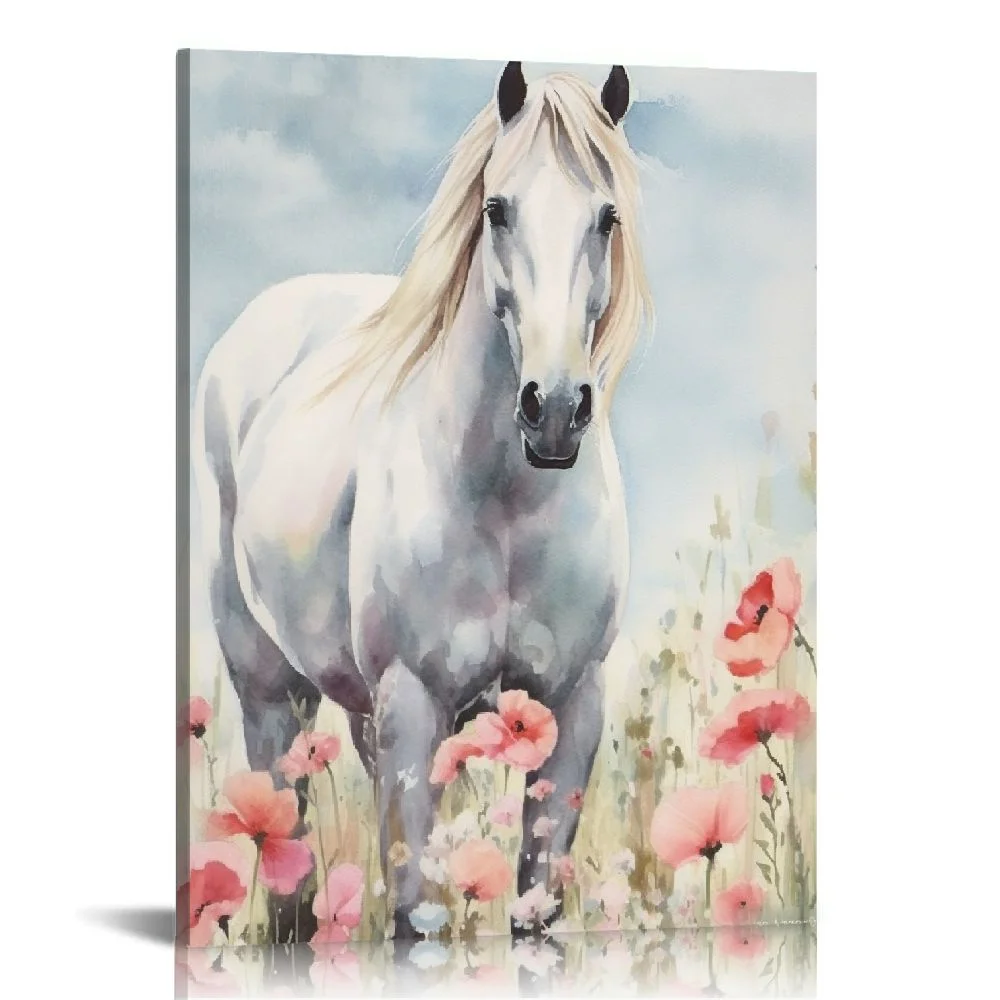 ARISTURING  Beautiful Horse Pink Flower Animal Watercolor Painting Canvas Wall Art