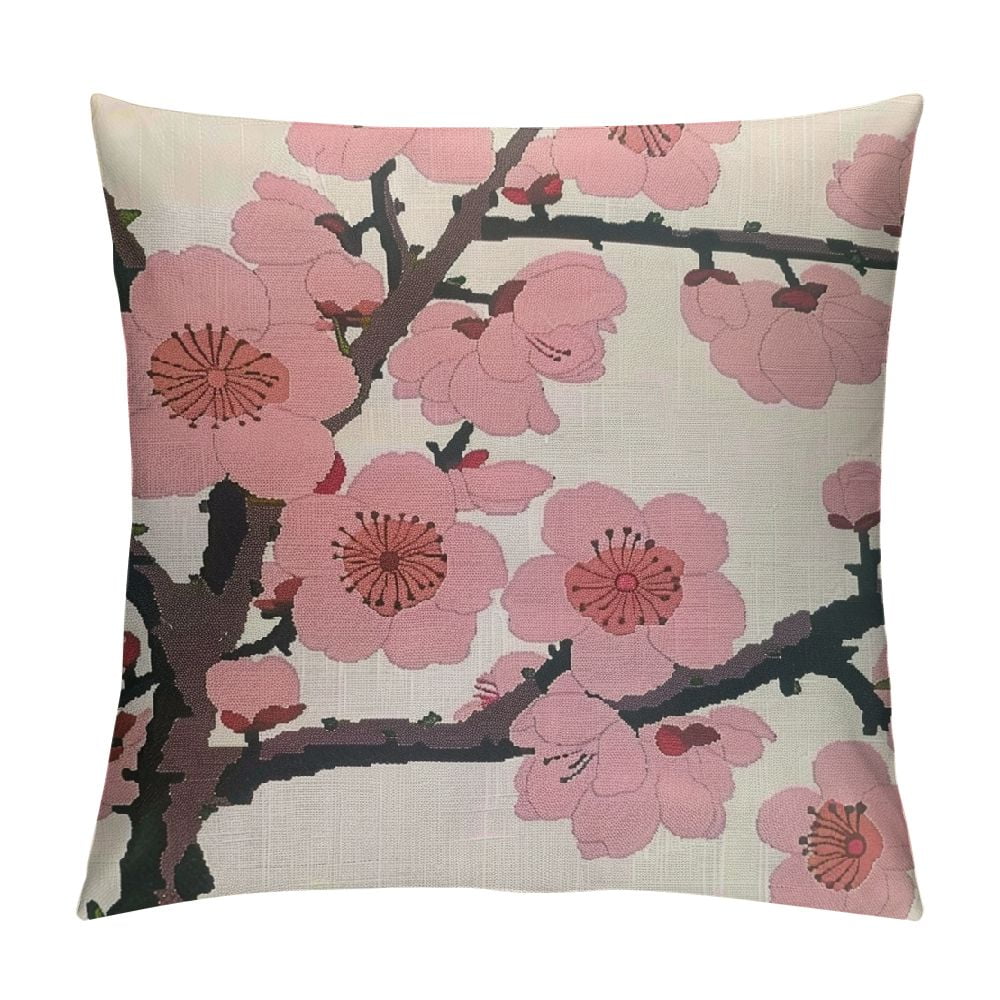 ONETECH Spring Pillow Decorative Throw Pillow Covers, Pink Chinese Cherry Blossom Flower Japan Plum Branch Square Pillow Cases Pillowcase Sofa Cushion