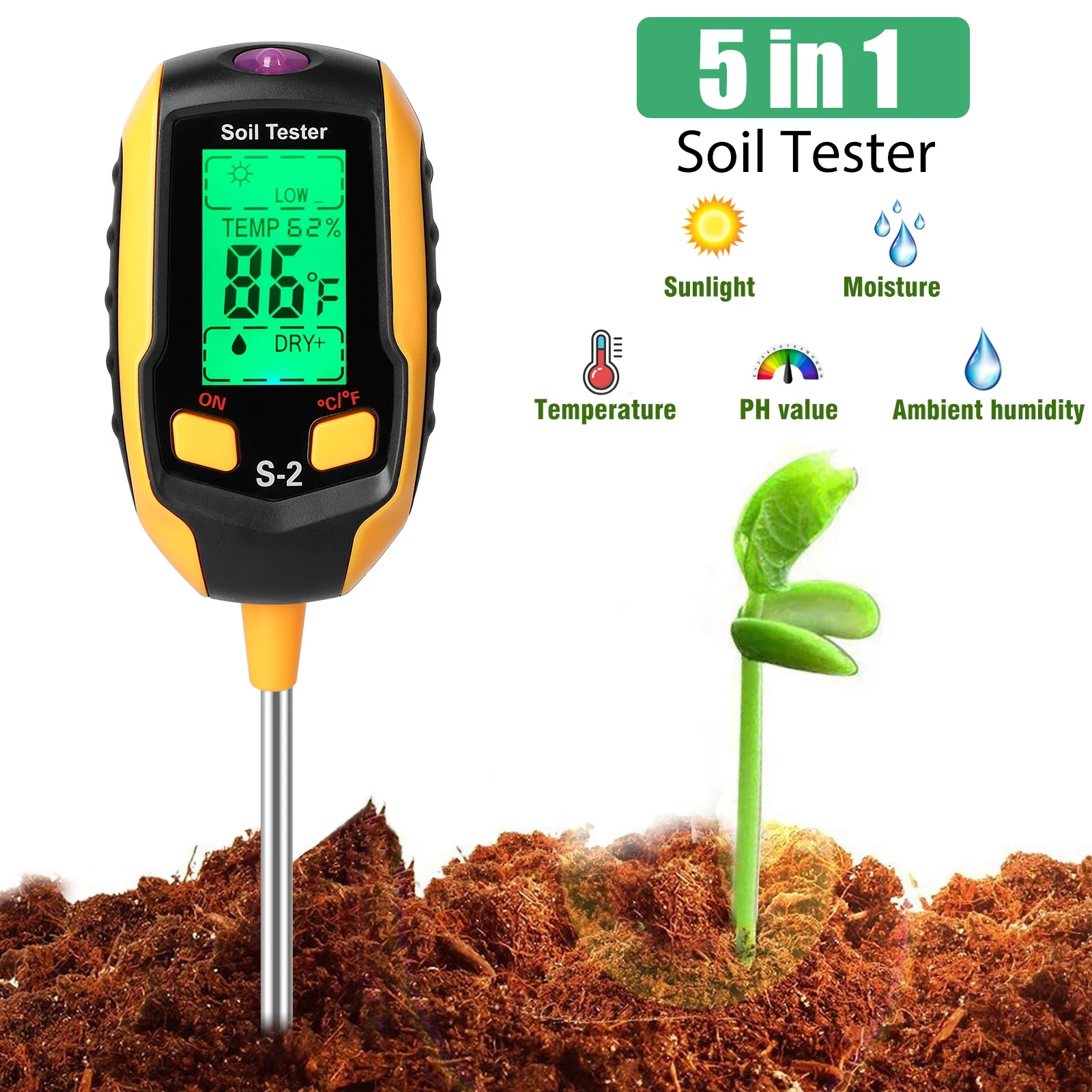LCD Digital PH Soil Tester Water Moisture Temperature Sunlight Test Meter Plant