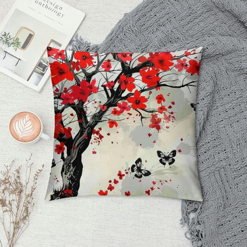 Chilfamy Plum Blossom Floral Throw Pillow Cover Cases Branch Foliage Butterfly Cherry Japanese Blossom Ink China Culture Classic Outdoor Decor Pillowcase Home Square White