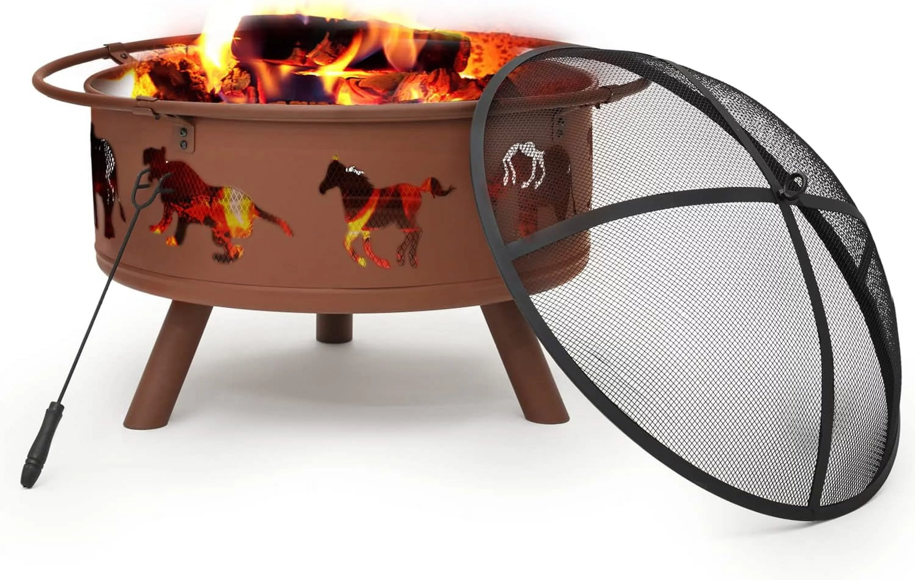 Wood Burning s Horse Pattern Round Metal Burning Fireplace With Screen Cover And For Patio Backyard Picnic Garden, Red