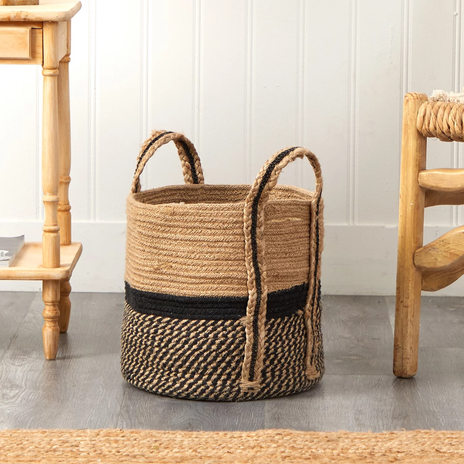Nearly Natural 13in. Boho Chic Basket  Jute Basket Planter, Black Bottom  Top with Handles