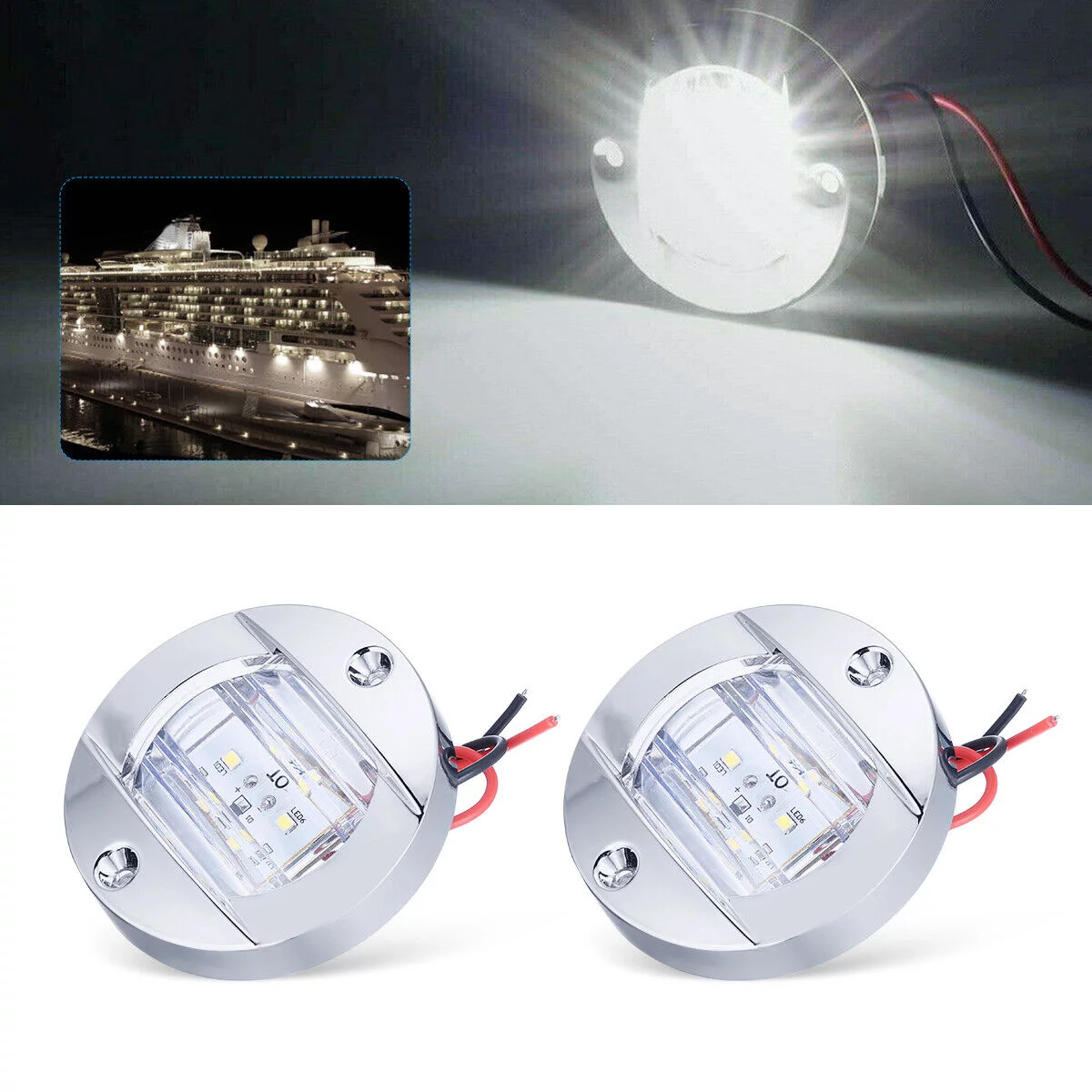 2X Round Marine Boat LED Courtesy Lights Cabin Deck Stern Navigation Light White