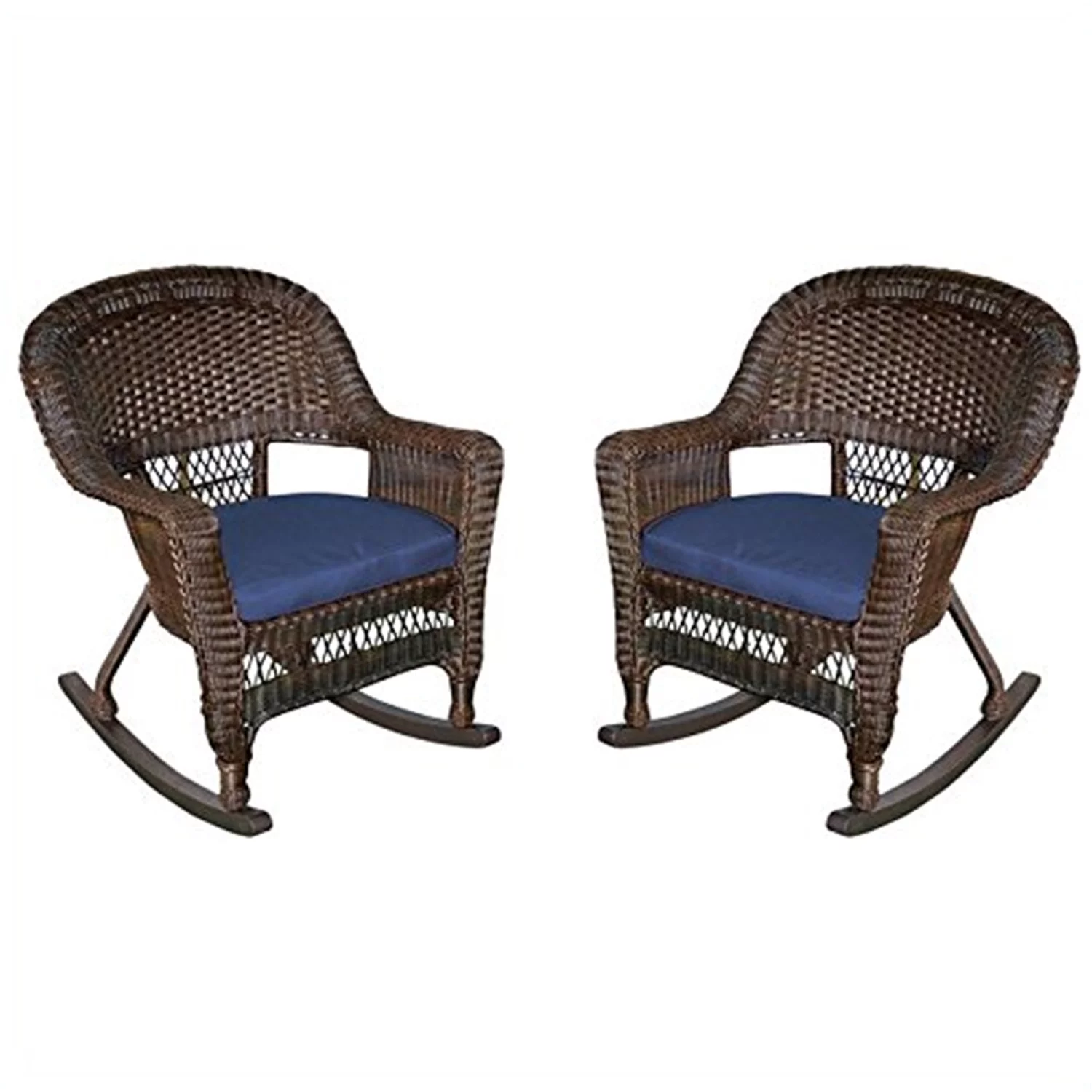 Espresso Rocker Wicker Chair with Blue Cushion -  Set of 2