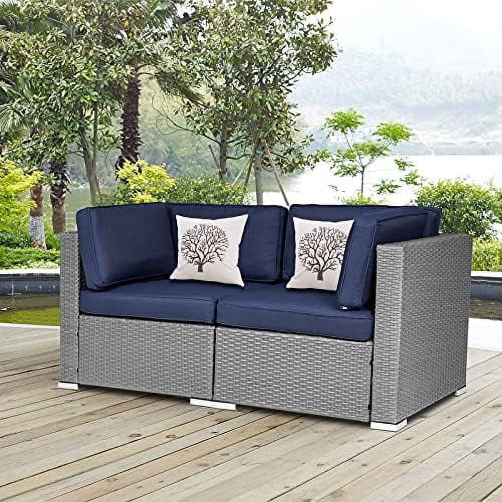 ASDRFYU 2 Pieces Outdoor Wicker Loveseat  Patio Rattan Sectional  Corner Sofa Set All-Weather Grey Wicker with Removable Cushions for Balcony  Backyard  Garden (Sky Blue)