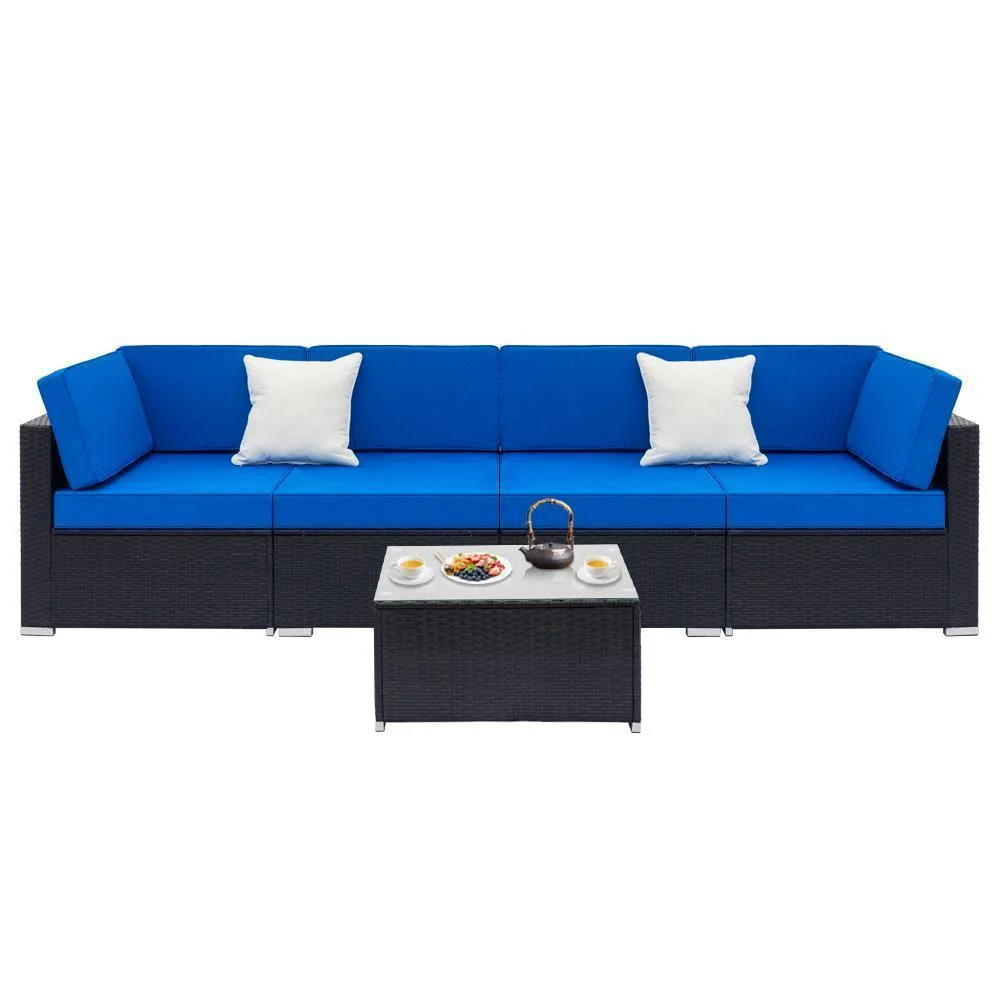 7 Pieces All Weather Patio Rattan Furniture Wicker Royal Blue Cushioned Sofa Set