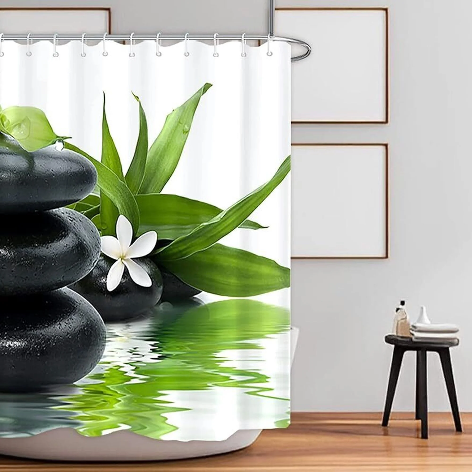 Tranquil Oasis: Serene Basalt Stones and Delicate White Blossoms Shower Curtain