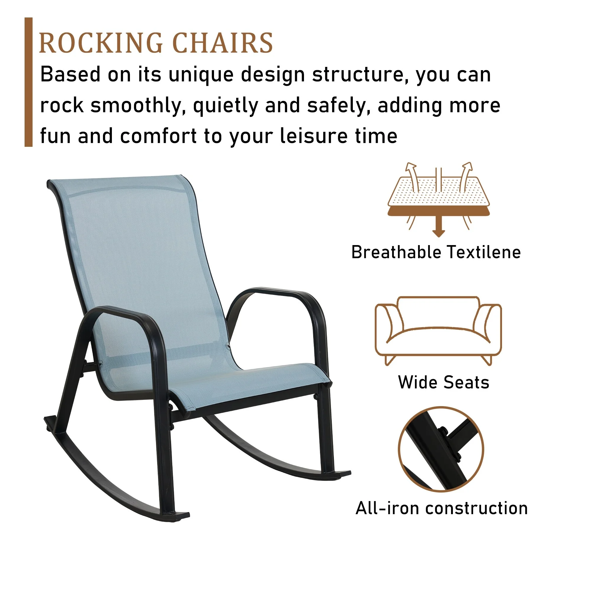 Clihome Single Iron Frame Removable Teslin Rocking Chair Blue