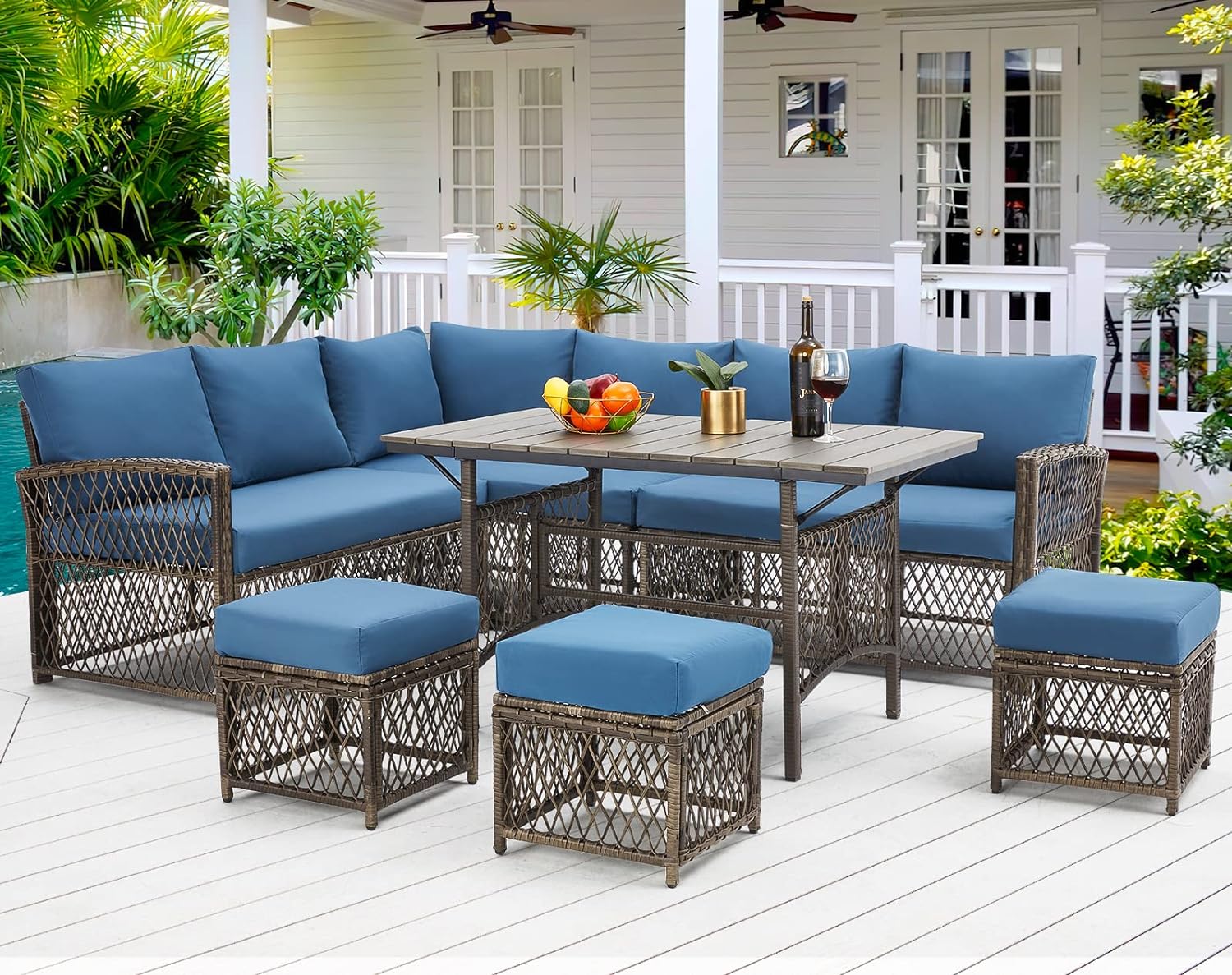 Dina Patio Furniture Set  7 Pieces Outdoor Patio Furniture with Dining Table&Chair  All Weather Wicker Conversation Set with Ottoman Khaki