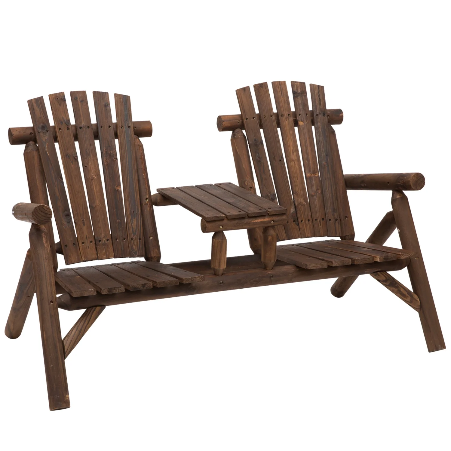 LEIYEHOOM 2-Seat Wooden Adirondack Chair  Patio Bench with   Outdoor Loveseat Fire Pit Chair for Porch  Backyard  Deck  Carbonized