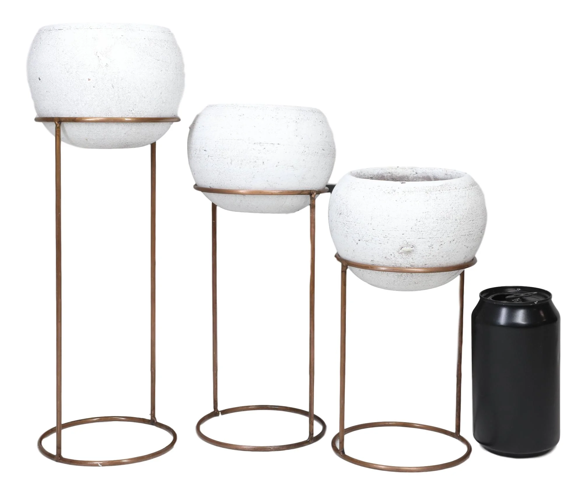 Set of 3 Modern 3 White Clay Vessel Planter Pots With Metal Wire Stands