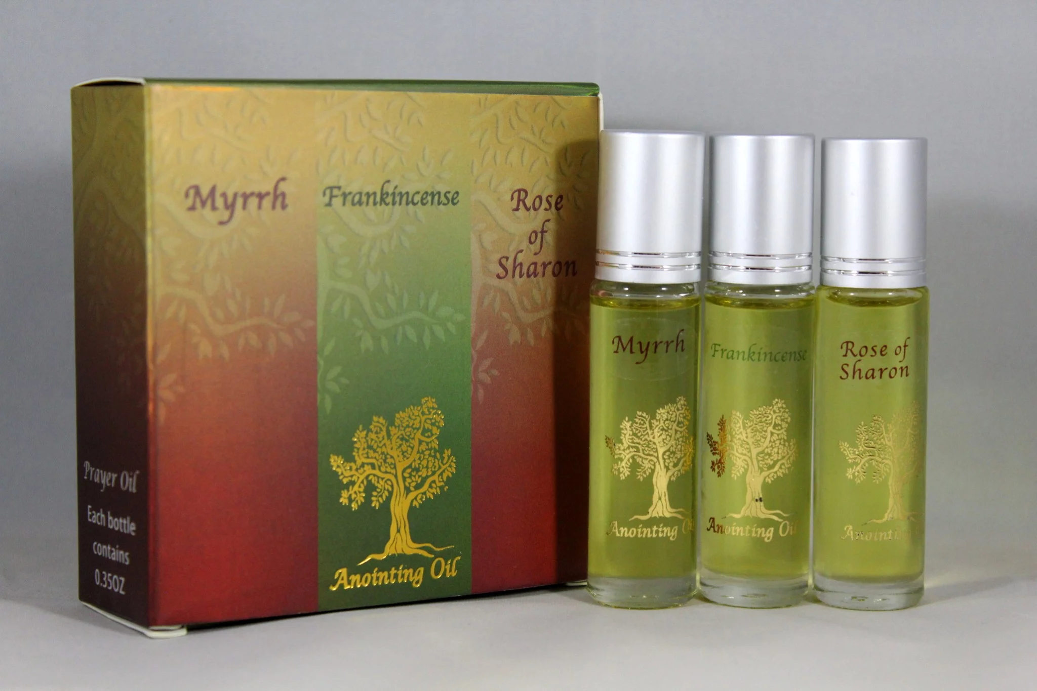 Holy Land gifts 154054 Anointing Oil Set of Three Oils - Frankincense Myrrh & Rose of Sharon
