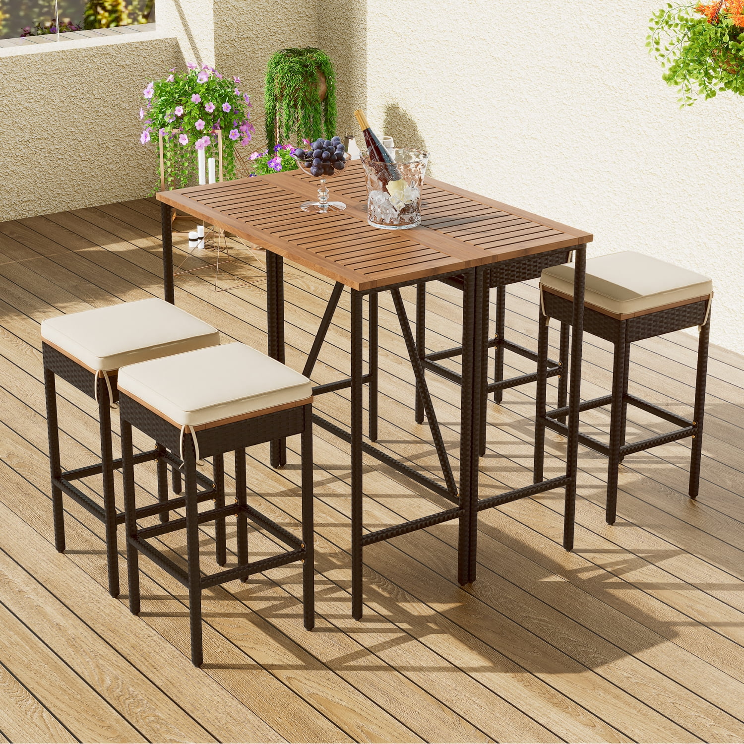 GO 5-Piece Outdoor Acacia Wood Bar Height Table And Four Stools With Cushions  Garden PE Rattan Wicker Dining Table  Foldable Tabletop  High-Dining Bistro Set  All-Weather Patio Furniture