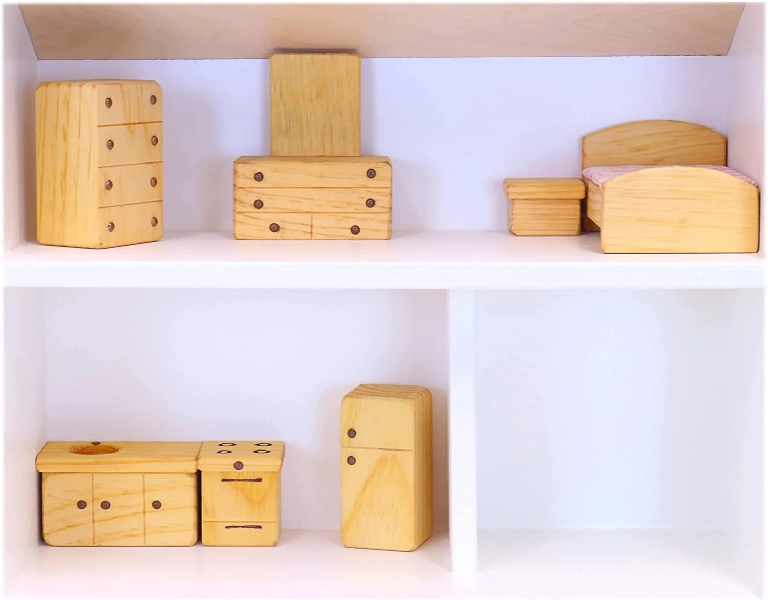 AmishToyBox.com Wooden Doll House Toy with 16 Piece Doll-House Furniture Set - Easy Access with Opening Design White and Natural