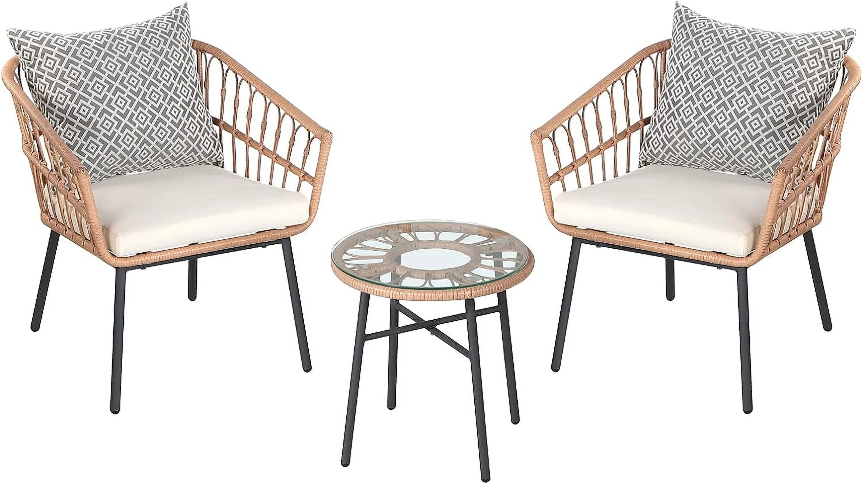 3-Piece Outdoor PE Rattan Bistro Furniture Set Patio Rattan Conversation Set Patio Furniture Set Glass Coffee Table Top and 2 Chairsfor Yard Garden Porch Bistro, White