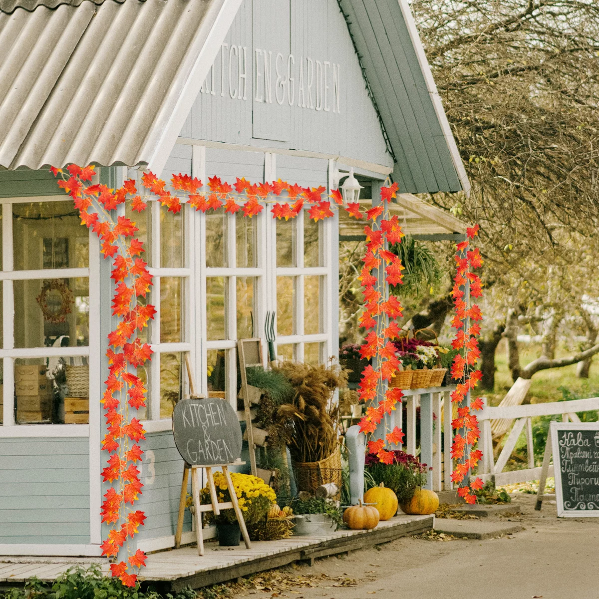Fall Garland Leaves Autumn Decorations for Home Thanksgiving Maple Banner Hanging Leaf Vines Orange Artificial for Home Wedding Fireplace Party 12 Pack