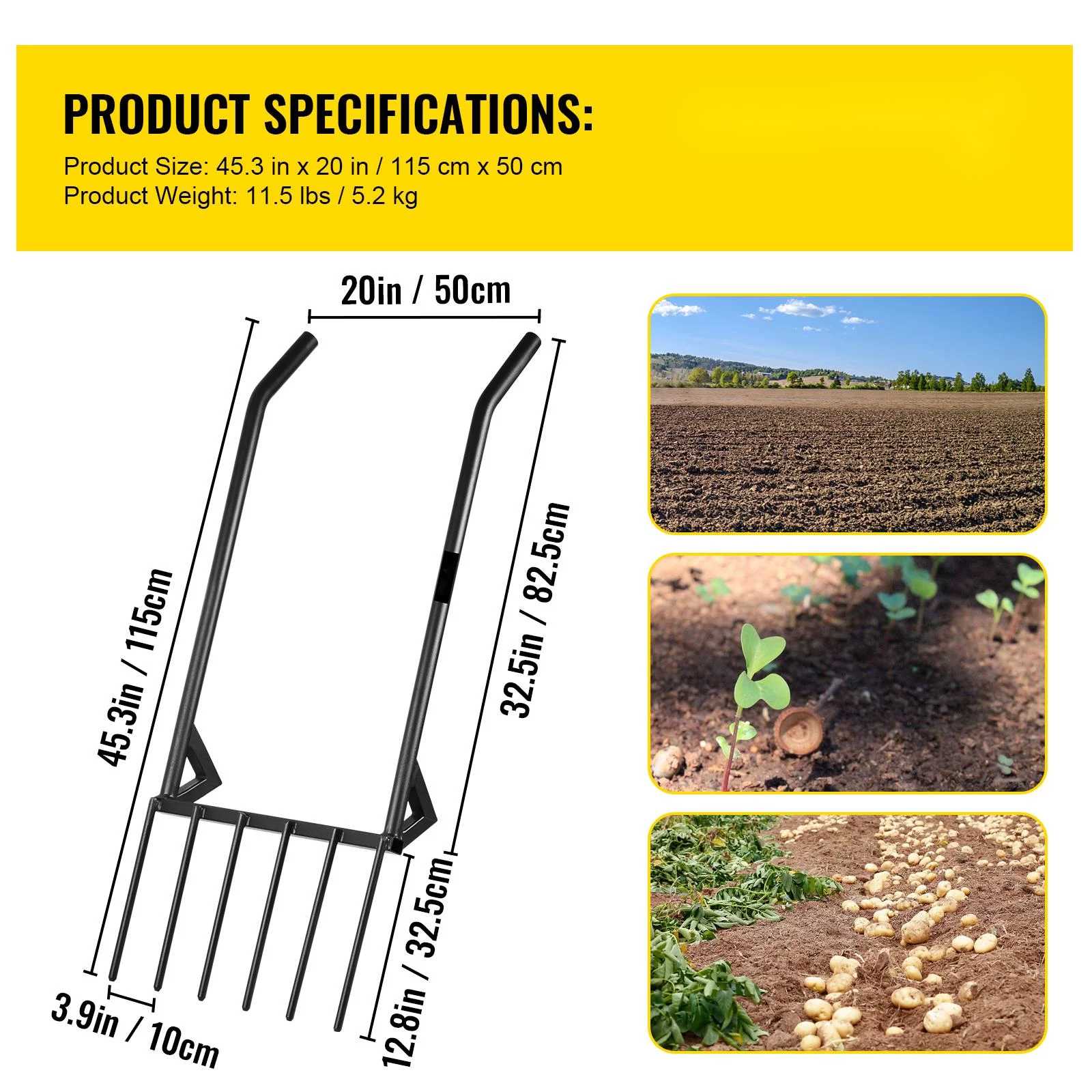 BENTISM Broadfork Cultivating Tool Broad Fork 6 Steel Tines 45in for Gardening