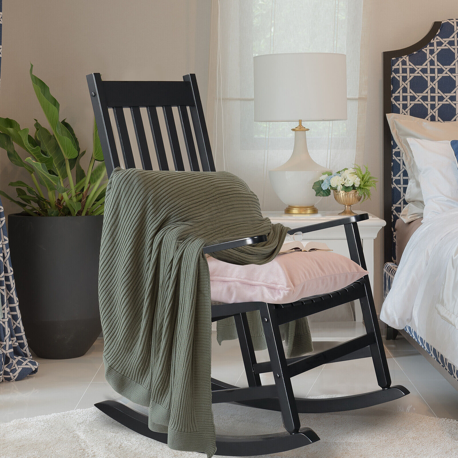 Wood Rocking Chair Porch Rocker High Back Garden Seat For Outdoor Indoor, Black