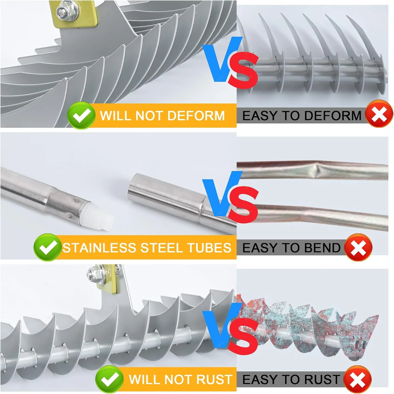 Thatch Rake, 15-Inch Wide Lawn Thatching Rake for Cleaning Dead Grass, Efficient Steel Metal Lawn Grass Rake with Stainless Steel Handle, Lawn loosening Soil Rake, 58.5-Inch Length.