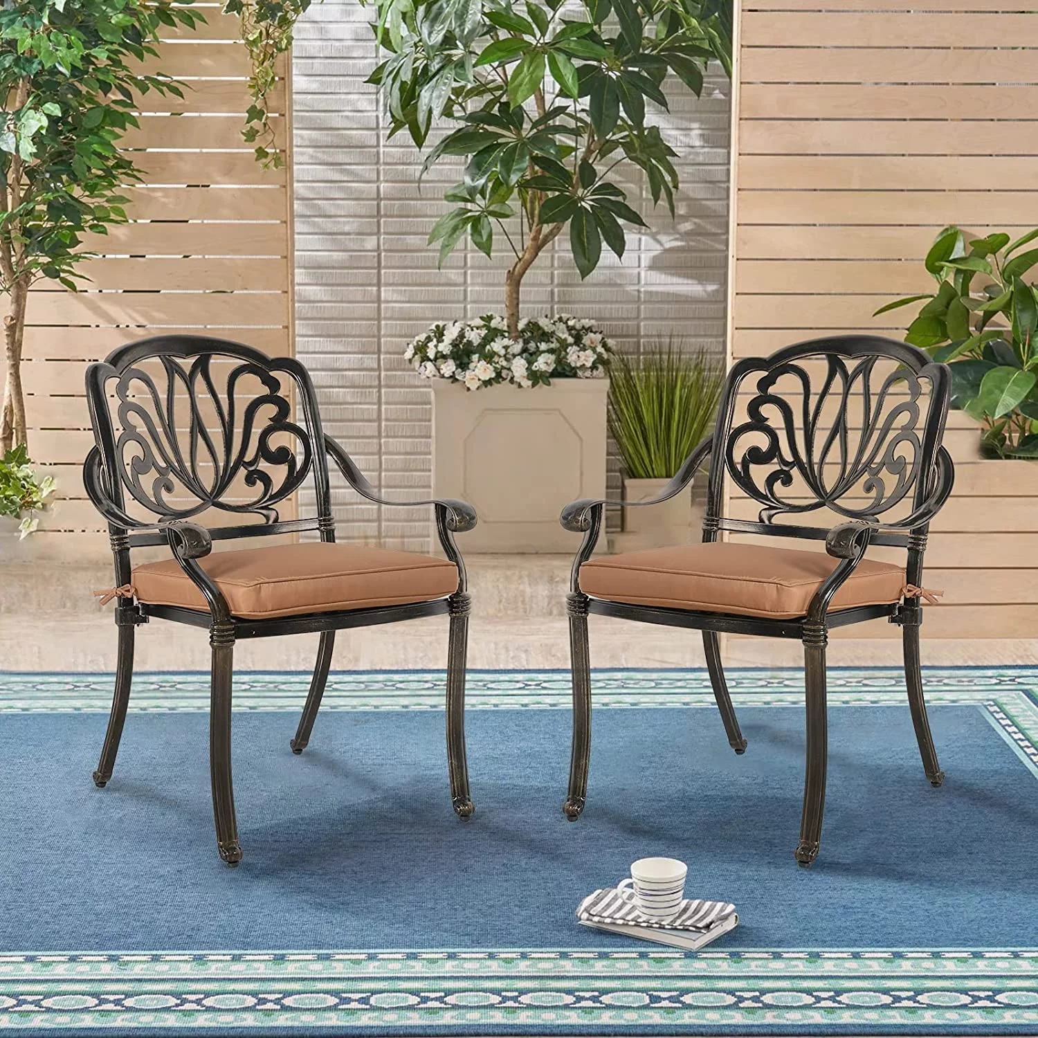 SOCIALCOMFY 2 Piece Outdoor Bistro Dining Chairs, Cast Aluminum Dining Chair Set, Patio Bistro Chairs with Khaki Cushins for Balcony, Backyard, Garden