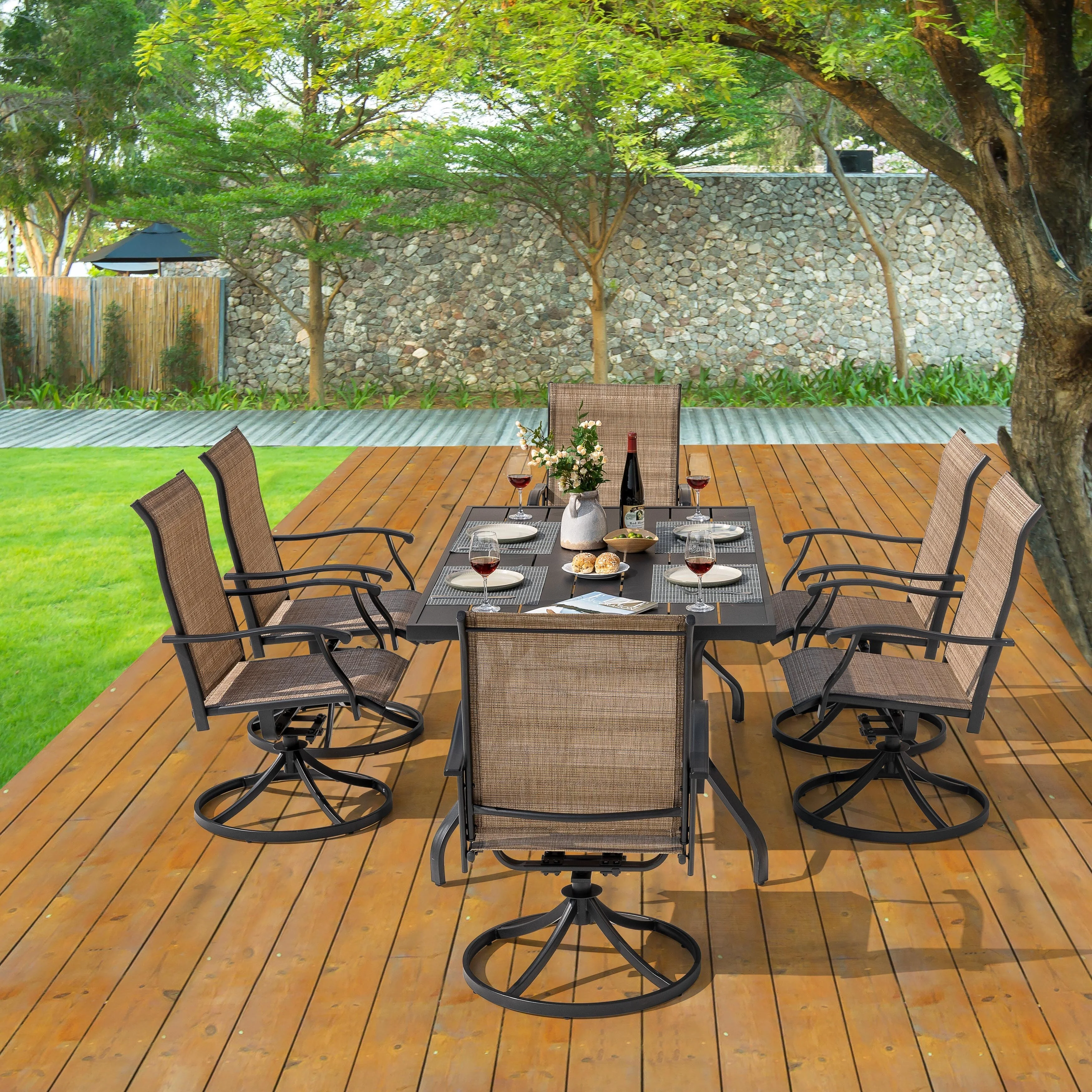 Nuu Garden Outdoor 7-Piece Dining Set, Textilene Fabric, Powder-coated Iron Frame - N/A