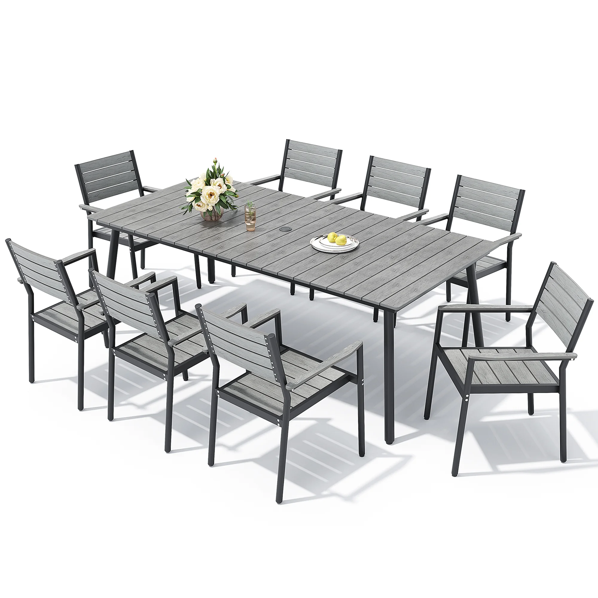 Pellebant 9 Pcs Gray Patio Set 8 Arm Chairs 1 Table with Umbrella Hole
