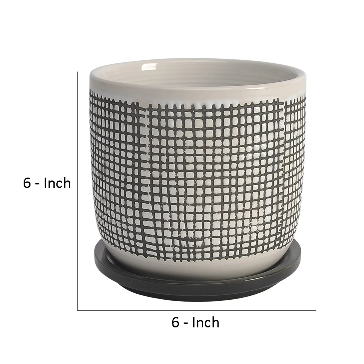 Benjara Ceramic Planter with Mesh Design and Saucer, Gray