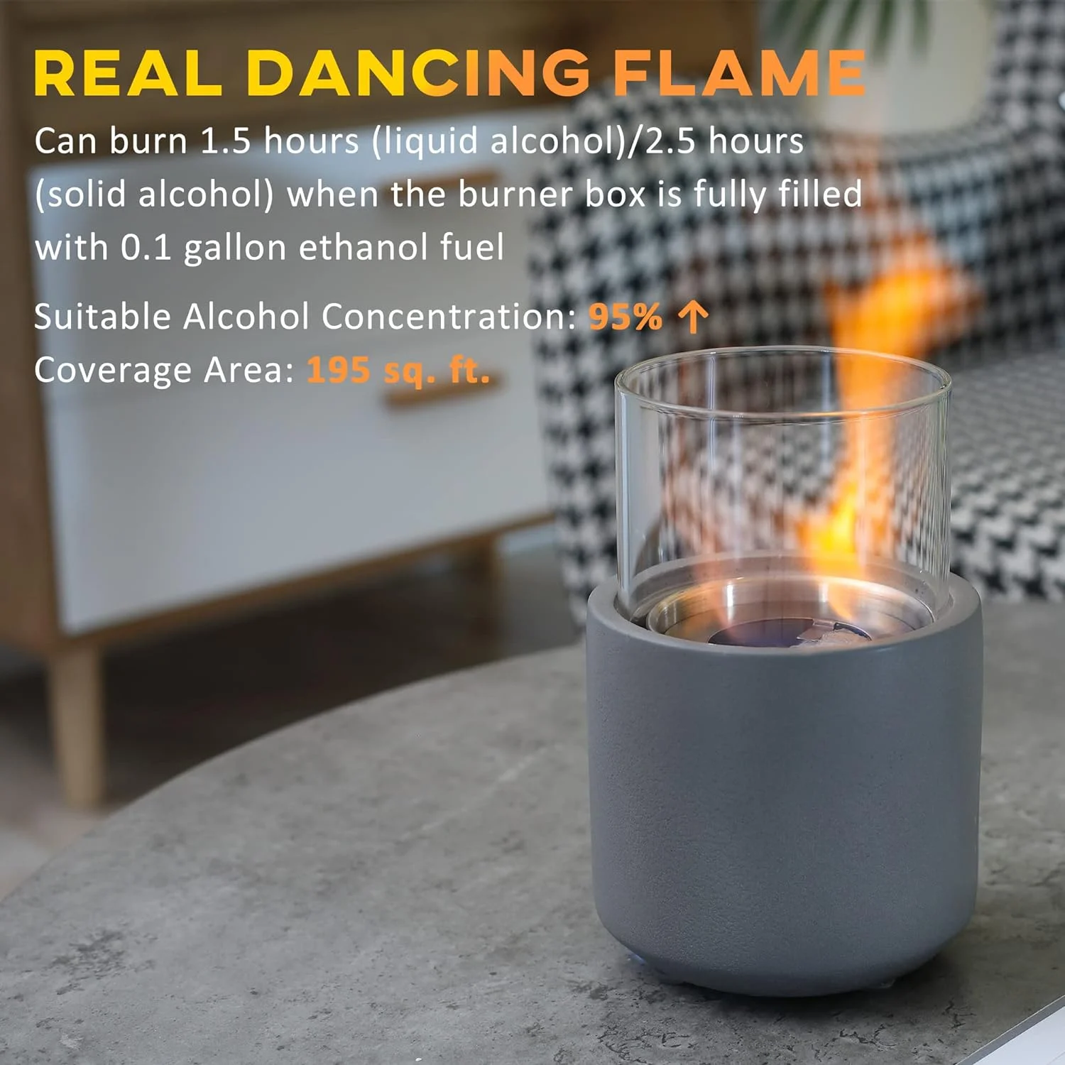 Tabletop Fireplace, Mini Concrete Ethanol Fire Bowl with Lid, Burns up with Liquid Alcohol and Solid Tablet Alcohol, Dark Grey