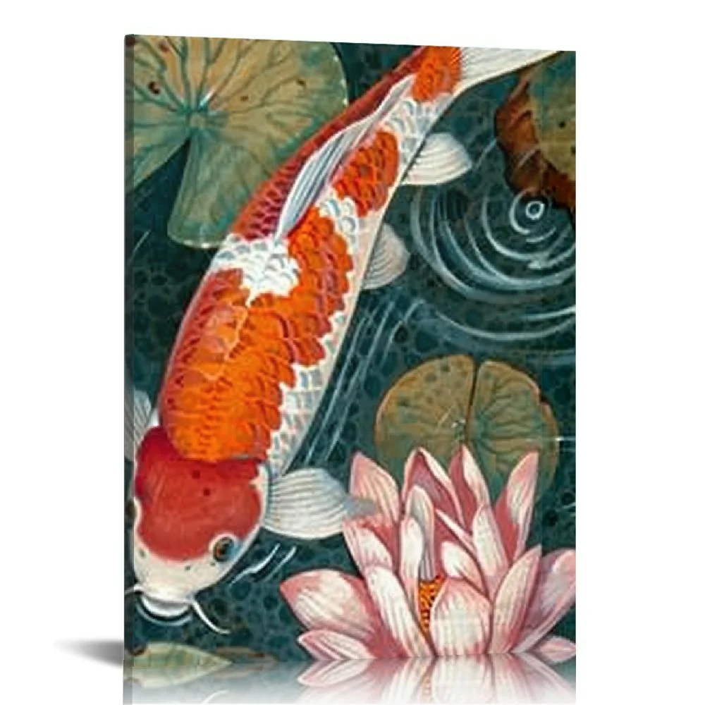 EastSmooth Nine Koi Fish Wall Art Animal Wall Decor Canvas Prints Lotus Pond Koi Fish Artwork Koi Fish Lotus Pond Pictures Prints Posters for Living Room, Bedroom, Office