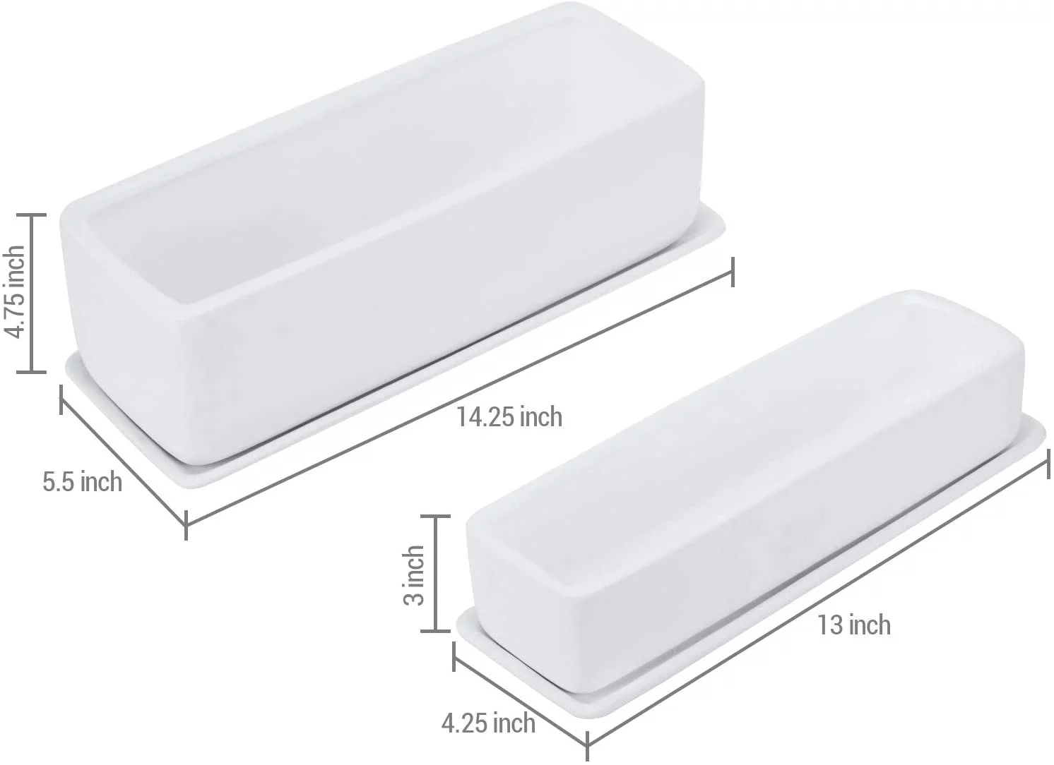 MyGift 2 Piece Modern Rectangular Ceramic Planter with Removable Saucer, Matte White