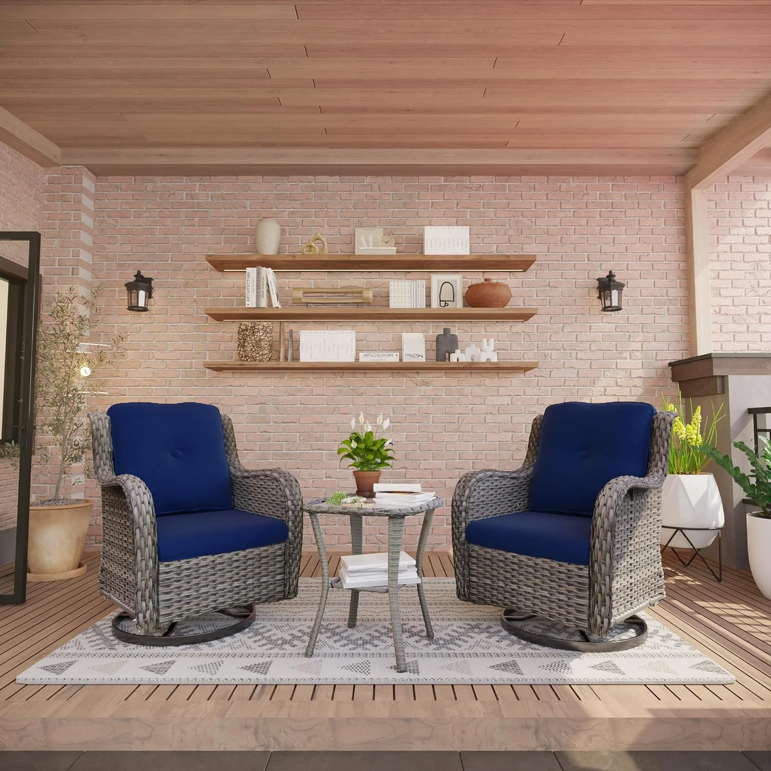 Dina 3-Piece Patio Conversation Set Outdoor Swivel Rocker Chairs Set of 2 and Matching Side Table with Premium Fabric Cushions Navy