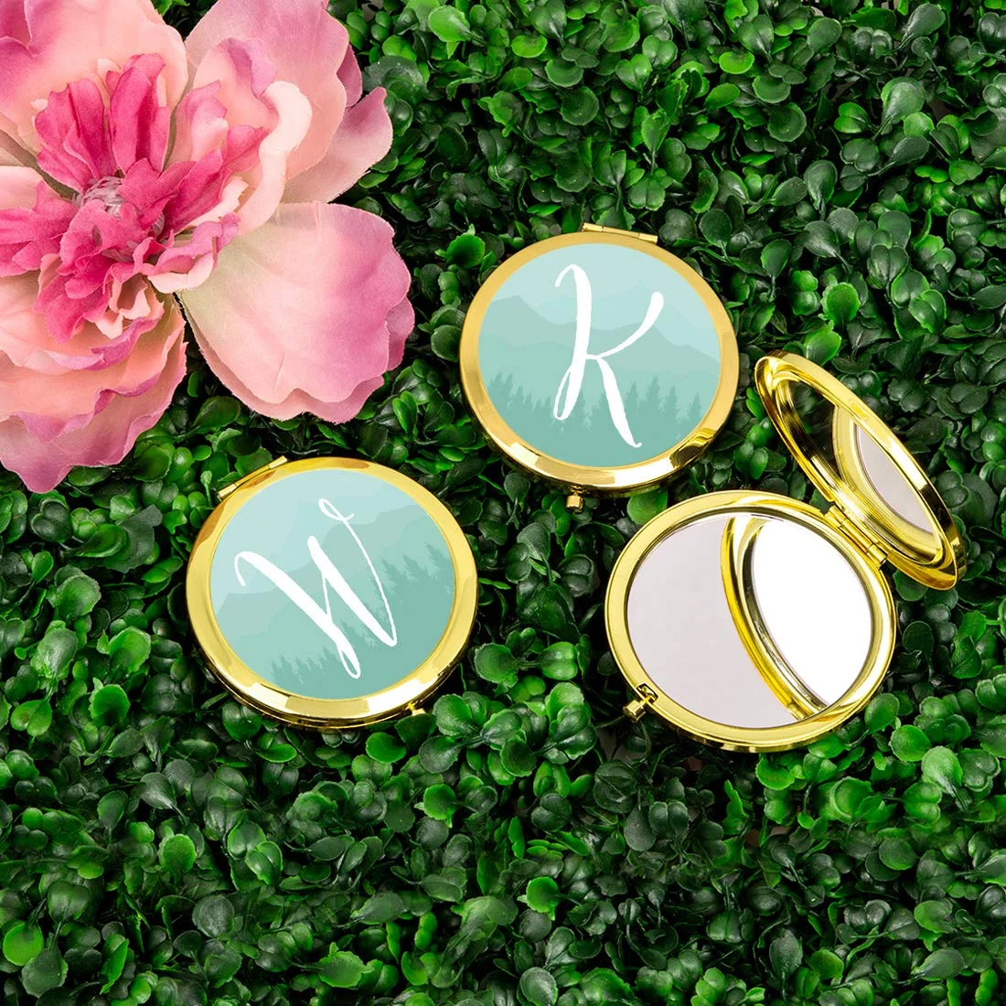Koyal Wholesale Gold Compact Mirror Bridesmaid's Wedding Gift, Aqua Watercolor Rustic Trees, Monogram Letter W, 1-Pack