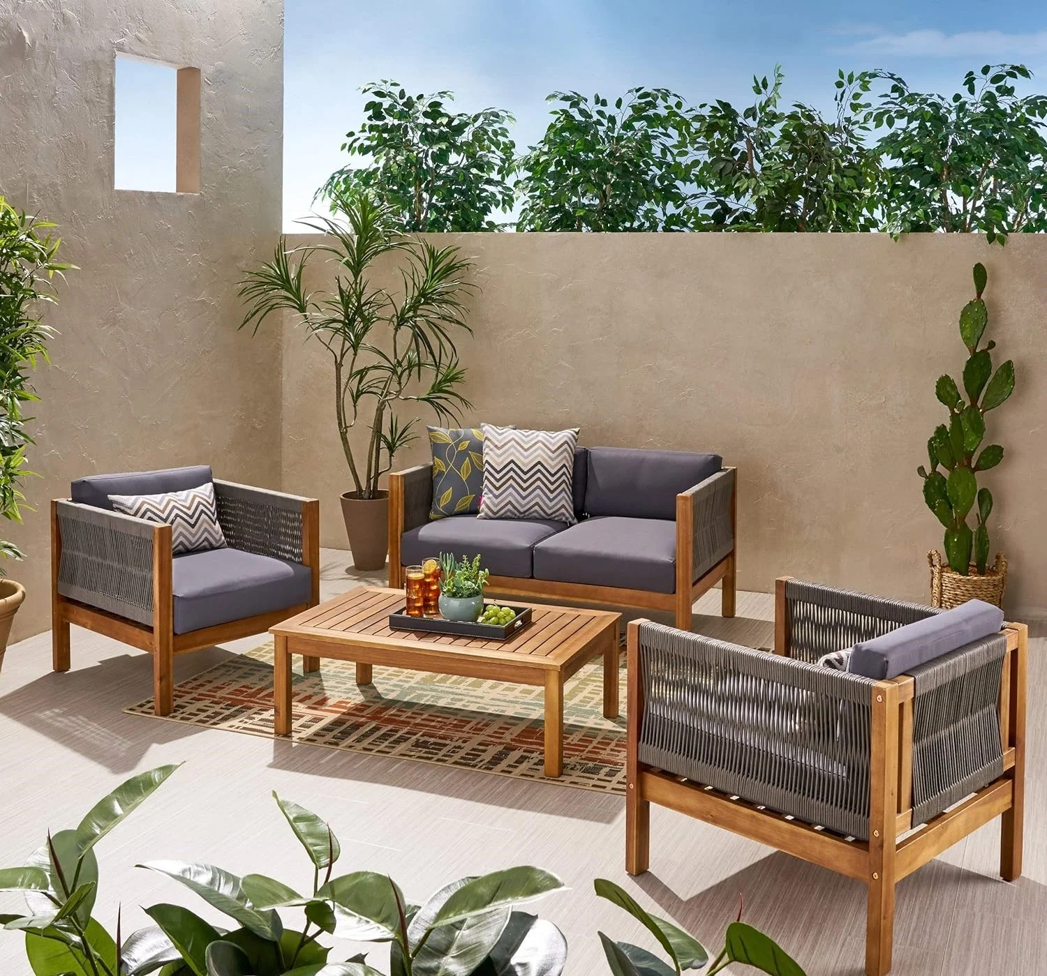 Stylish and Comfortable LAUREL Outdoor 4 Seater Chat Set with Love Seat  Coffee Table  and Club Chair - Ideal for Relaxed Outdoor Living Space Enjoyment!