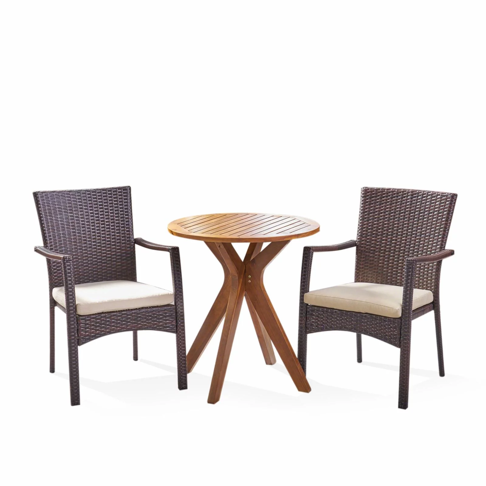 Kiannah Outdoor Acacia Wood and Wicker 3 Piece Bistro Set with Cushion - Teak - Multibrown - and Cream