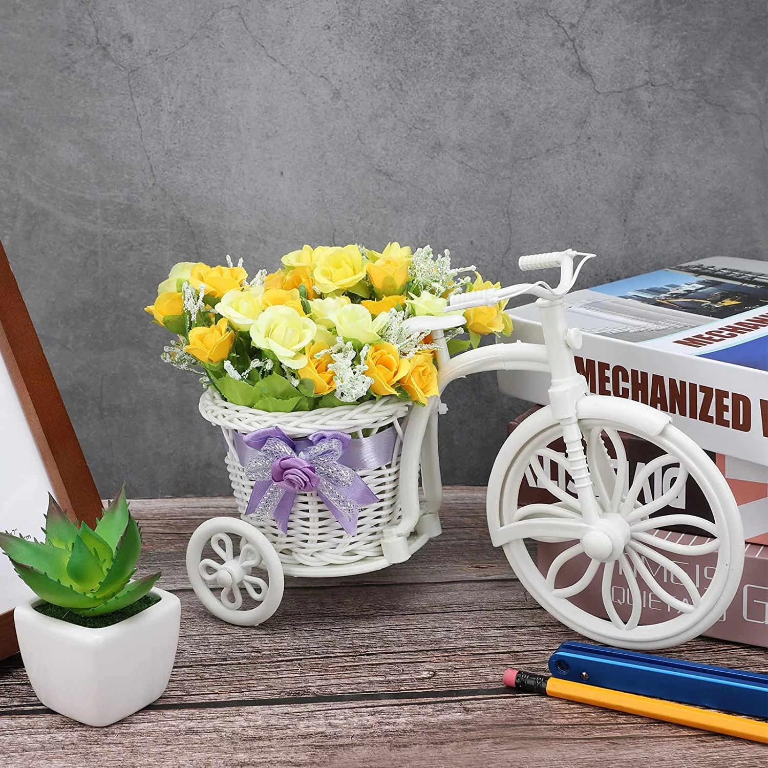 Bicycle Artificial Flower Decor Plant Stand Nostalgic Bicycle Planter Garden Decor for Home Wedding Decoration(Yellow)