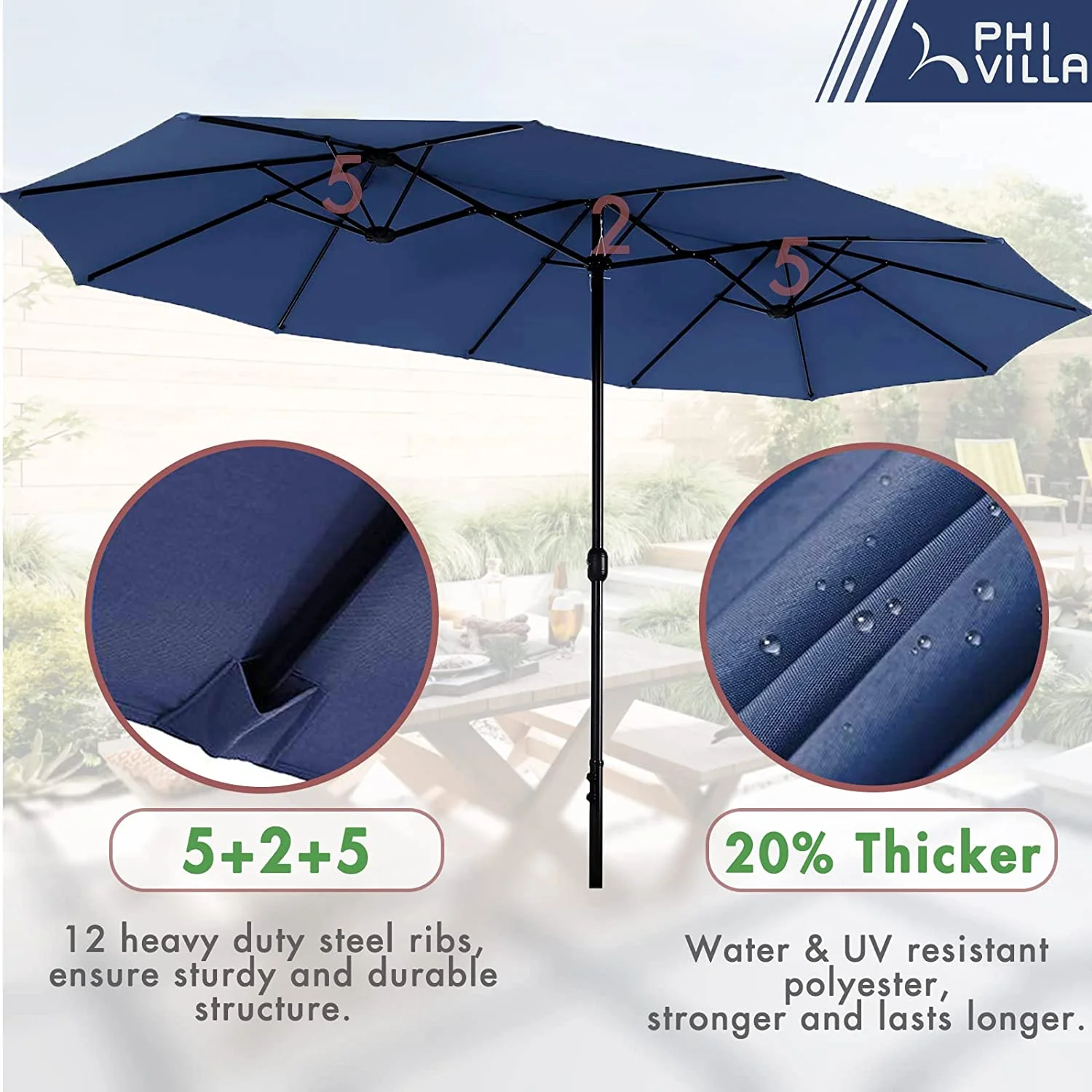 VILLA Outdoor 10ft Patio Umbrella Set for 4 with 5 Pieces Dining Table Chairs  Metal Outdoor Stackable Wrought Iron Chair Set of 4 & 37" Metal Table 3 Tier Vented Dark Blue Umbrel
