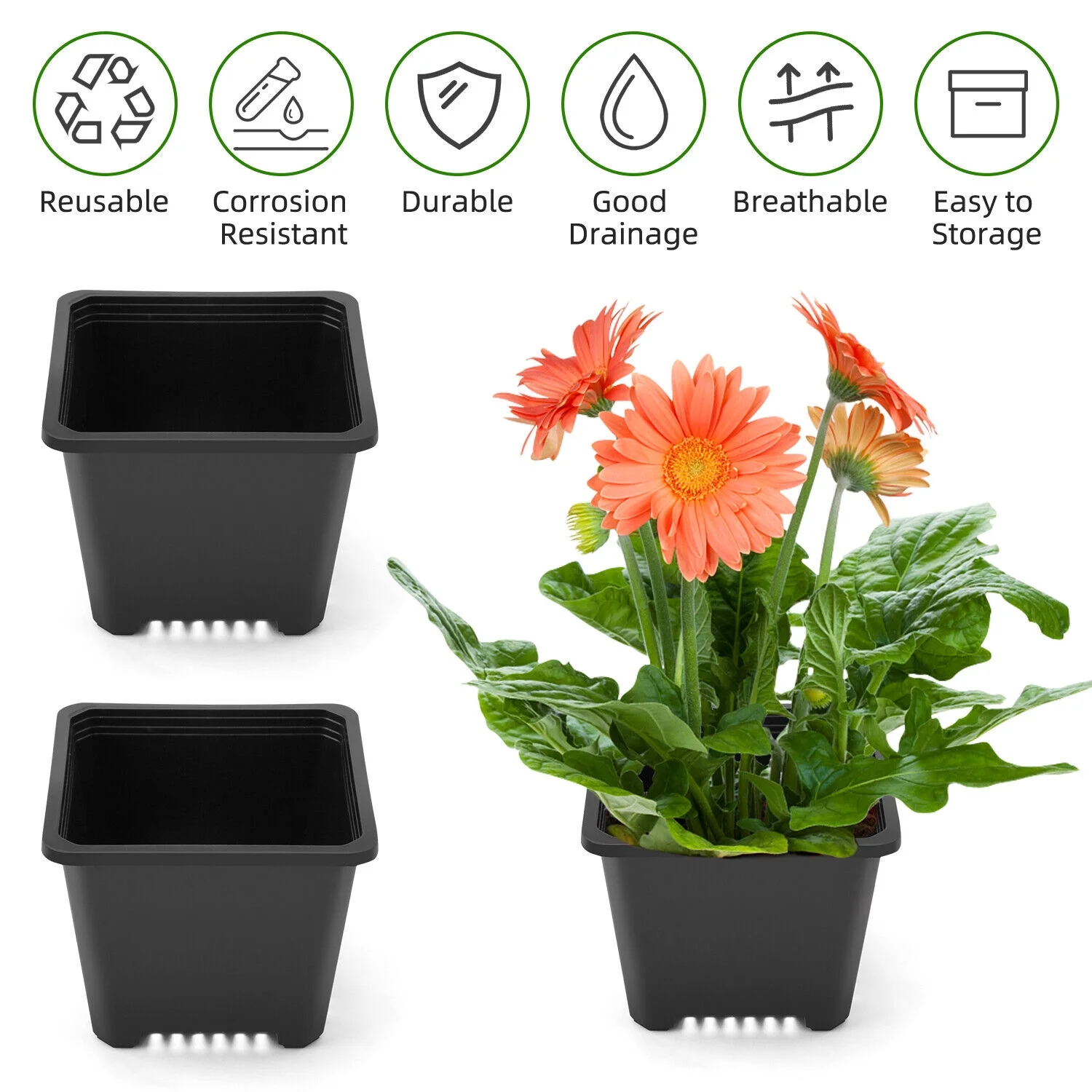 Black Square Plastic Seedling Pots Seed Pots Flower Pots Transplant Pot Home US