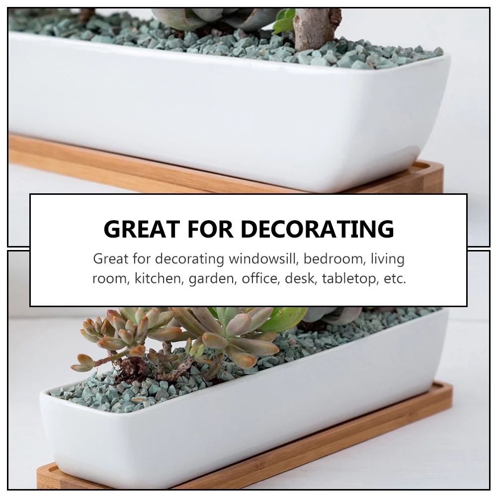 Guichaokj Rectangular Succulent Flowerpot Gardening Ceramic Plant Pot with Bamboo Saucer