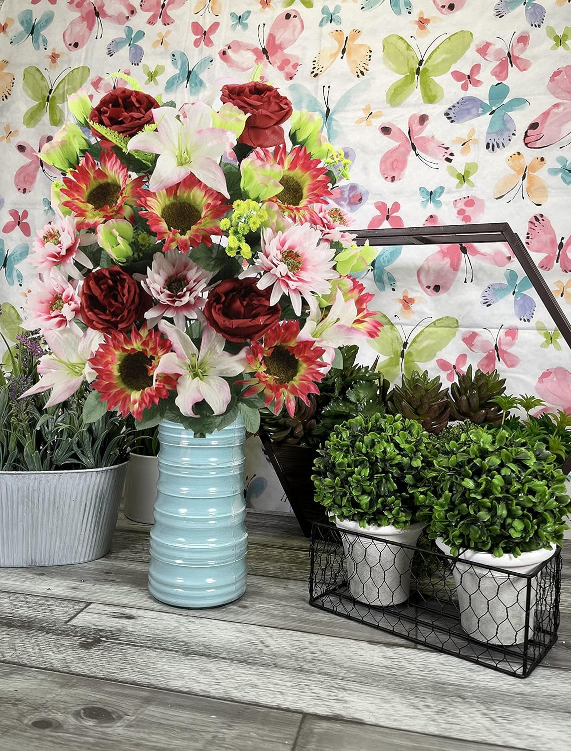 Artificial Spring 36 Stem Dahlia Sunflower Mixed Flower Bush, Burgundy/Pink/Kiwi, ABN1B010-BG-LT.PK-KW