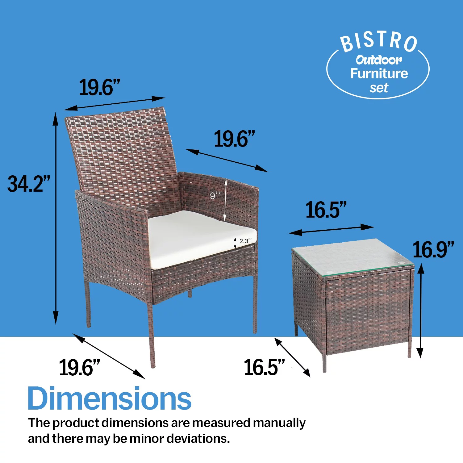 Eval 3 Piece Modern Design Rattan Furniture Set - 2 Durable & Cozy Chairs With a Foldable Coffee Table - Grey