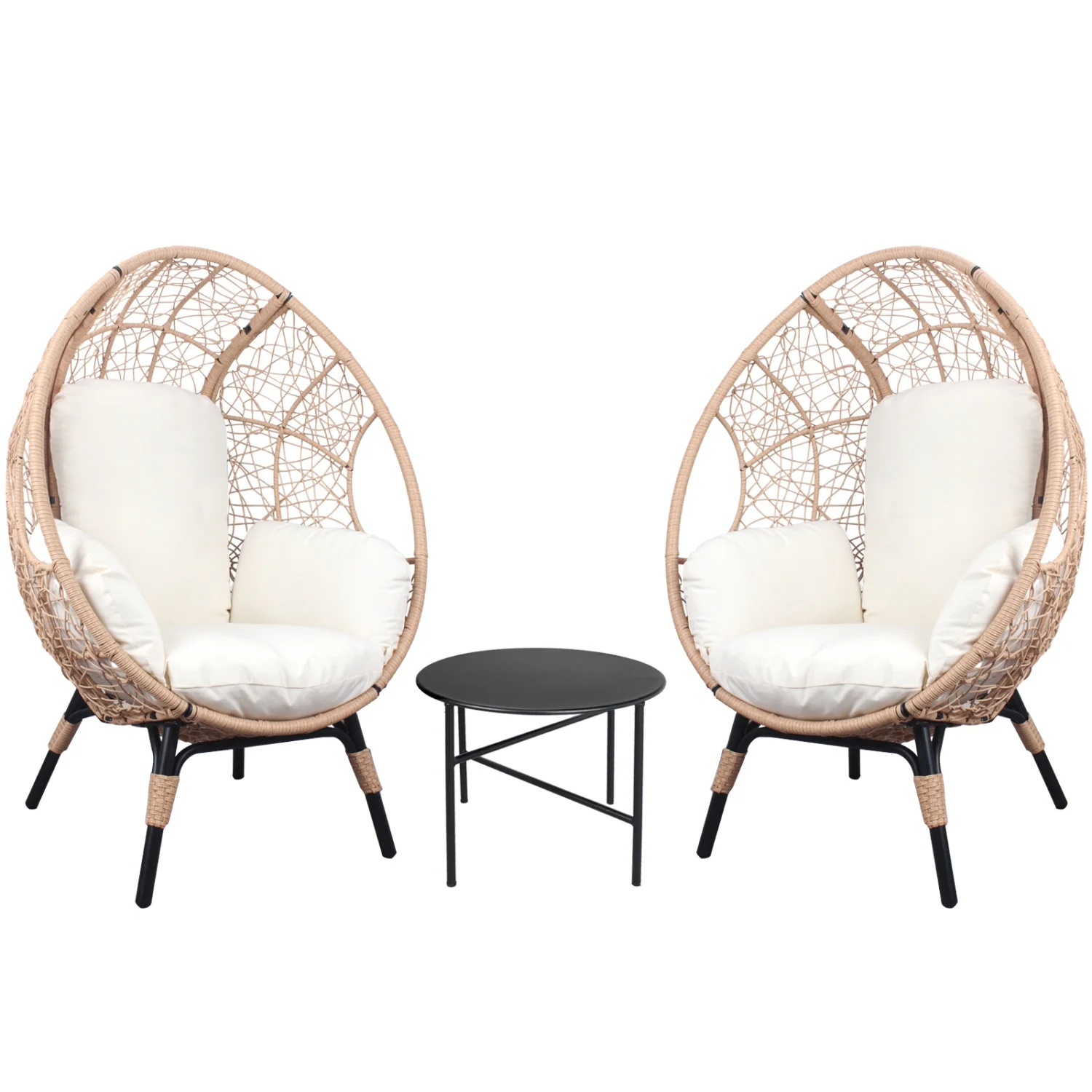 Stylish 3-Piece Patio Set with Egg Chairs in Natural Color PE Rattan and Beige Cushion  Model 3  Including Side Table