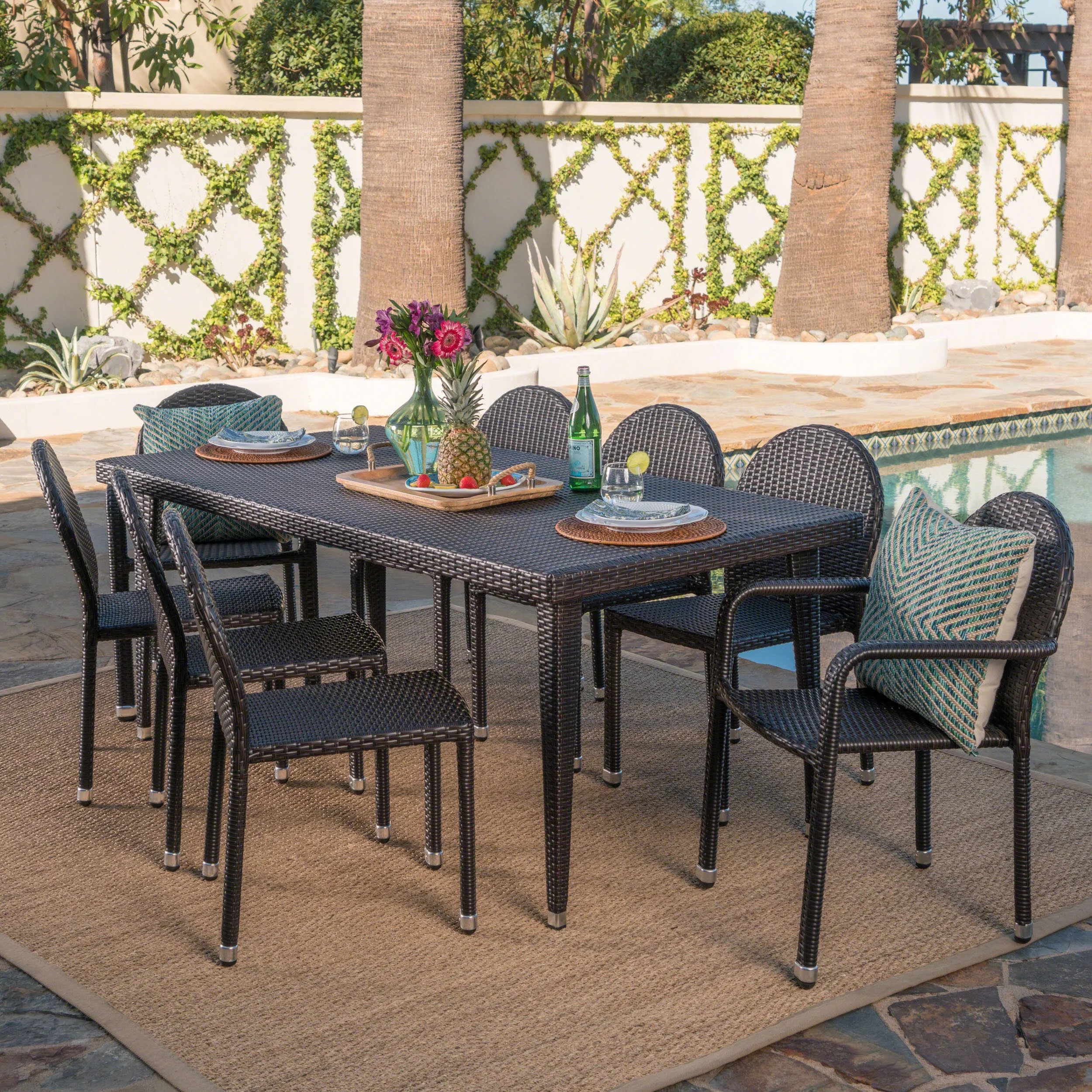 Noble House Murphy Outdoor 9 Piece Wicker Dining Set with Aluminum Framed Stacking Chairs, Multi Brown