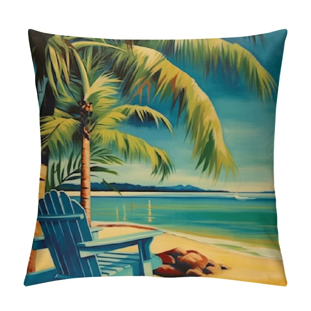 JEUXUS  Summer Beach Coastal Seaside Tropical Green Leaves Trees Throw Pillow Covers Beach Chair Palm Tree Rustic Pillow Case Cover Home Sofa Decor Cushion Case