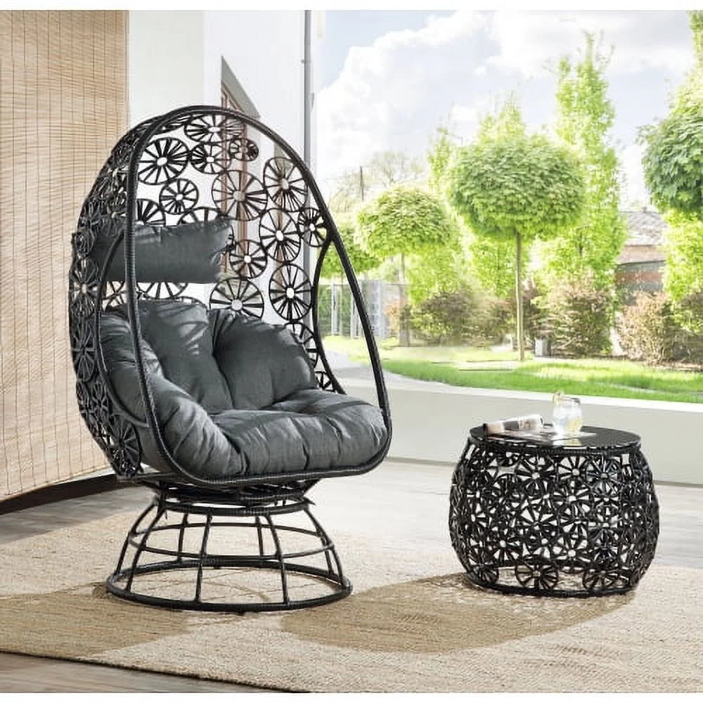 Buumin ACME Hikre Patio Lounge Chair & Side Table, Clear Glass, Charcaol Fabric & Black Wicker 45113