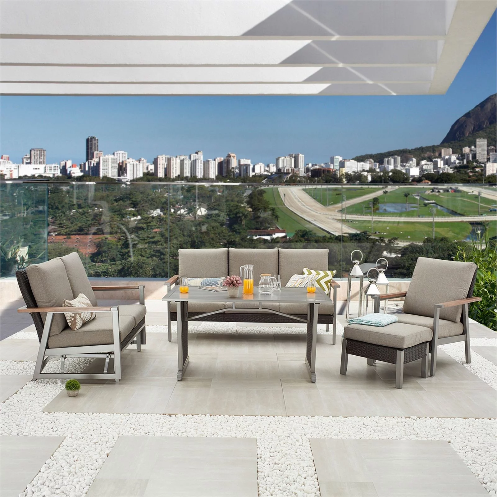 Patio Festival Metal 5-Piece Outdoor Dining Set in Gray and Beige