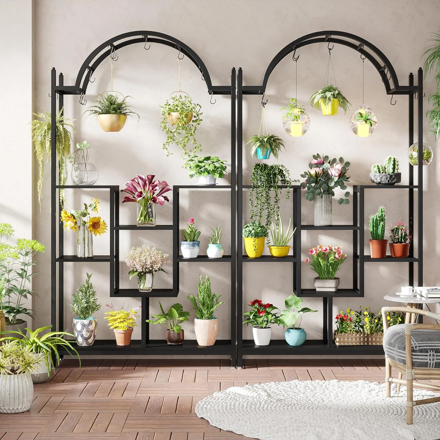 5-Tier Tall Indoor Plant Stand, 74.8'' Arched Metal Flower Shelf with Hanging Hooks, Large Bonsai Pots Display Rack for Indoor, Balcony, Living Room