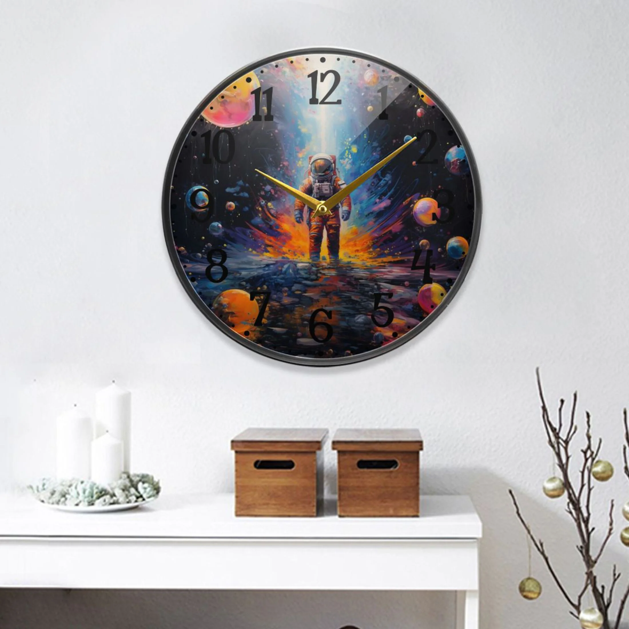 Astronaut on Water and Bubbles Round Wall Clock 12 Inch Non-Ticking Silent Battery Operated Clock for Home Kitchen Office School Decor