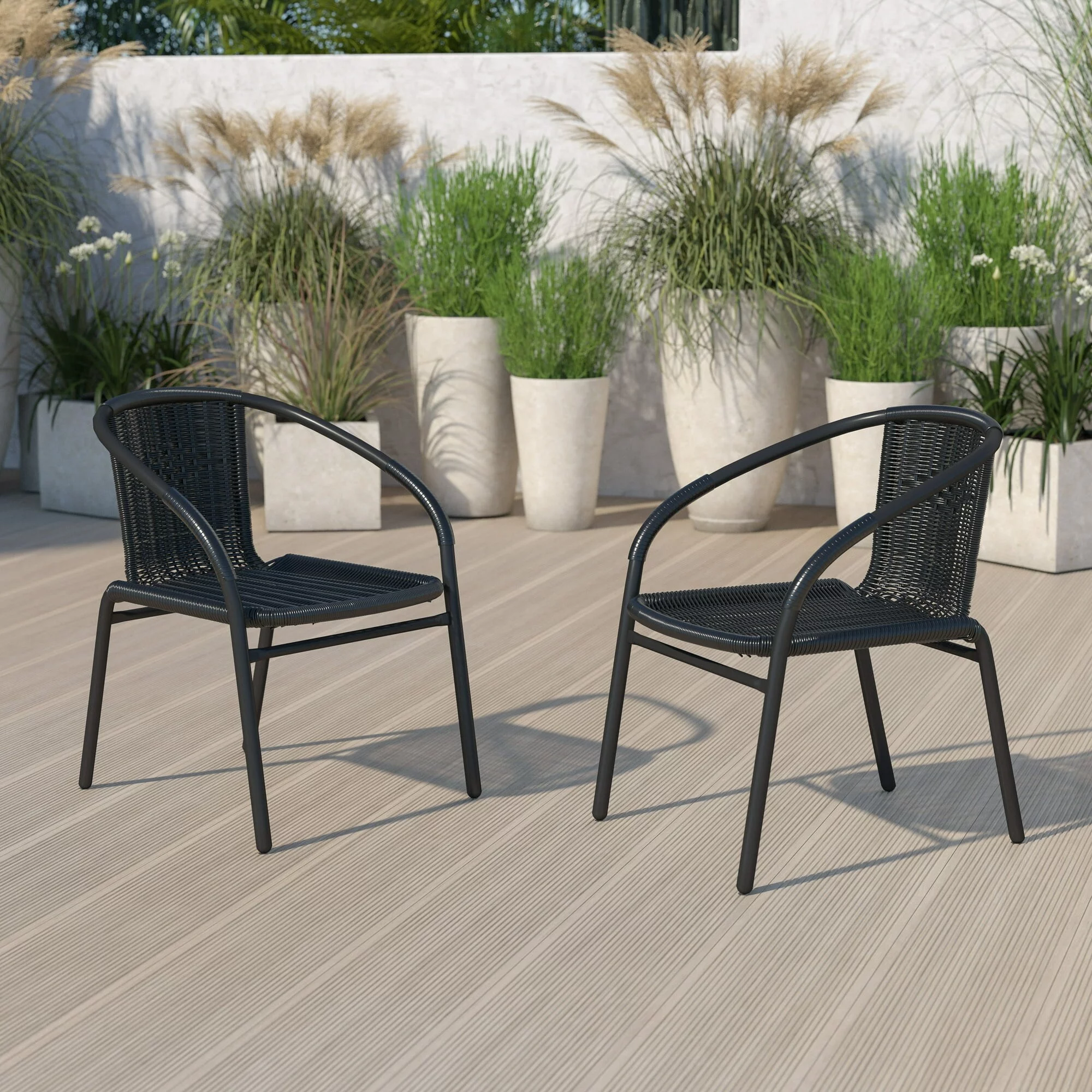 2 Pack Black Rattan Indoor-Outdoor Restaurant Stack Chair Brown